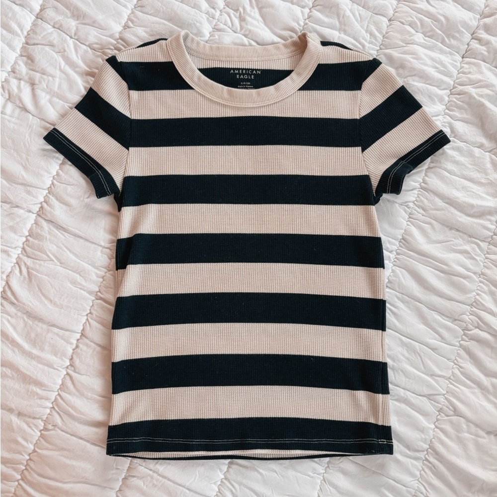 American Eagle Outfitters Striped Black and Cream T-Shirt